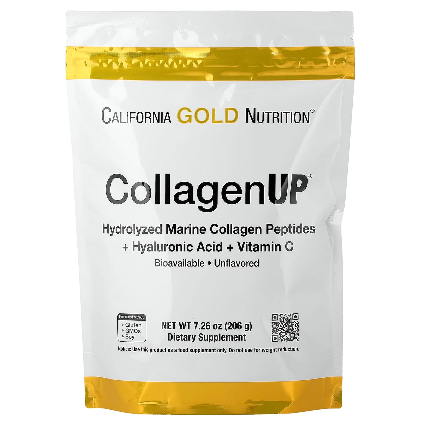 California Gold Nutrition CollagenUP® | Hydrolyzed Marine Collagen Peptides + Hyaluronic Acid + Vitamin C | Unflavored Powder | 206 g (7.26 oz)
